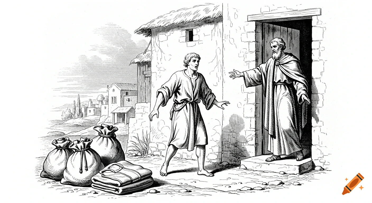 A black and white pen-and-ink etching depicts a distraught man stumbling as an older, robed man gestures from a doorway.