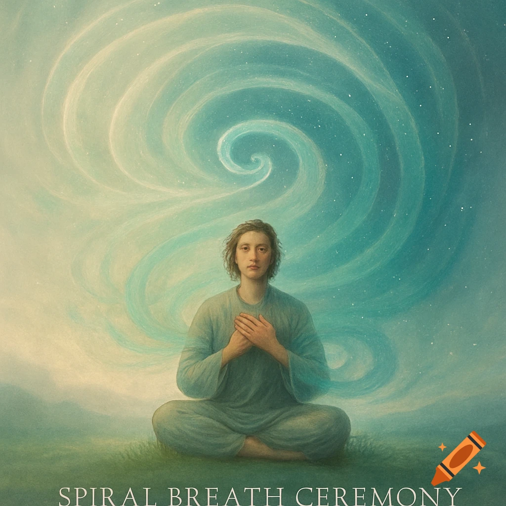 A person meditates cross-legged with hands on heart, against a background of swirling blue and white spiritual energy.