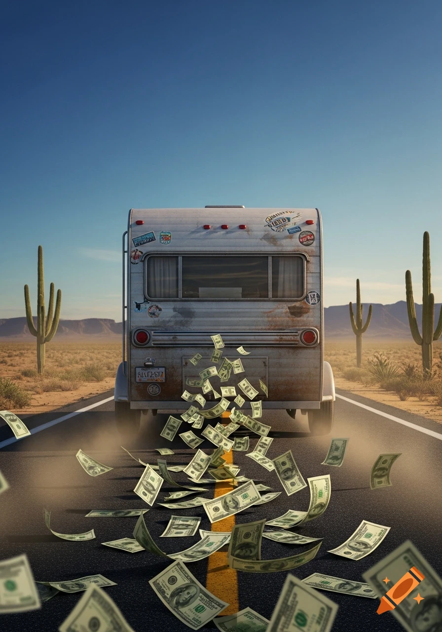 Photorealistic image of a vintage travel trailer on a desert road, one hundred dollar bills trailing behind it.