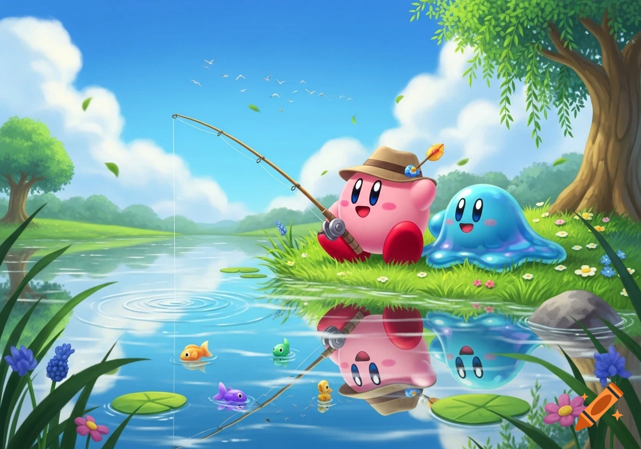 Kirby in a hat with Gooey sits by a reflective lake, fishing under a bright blue sky with green trees.