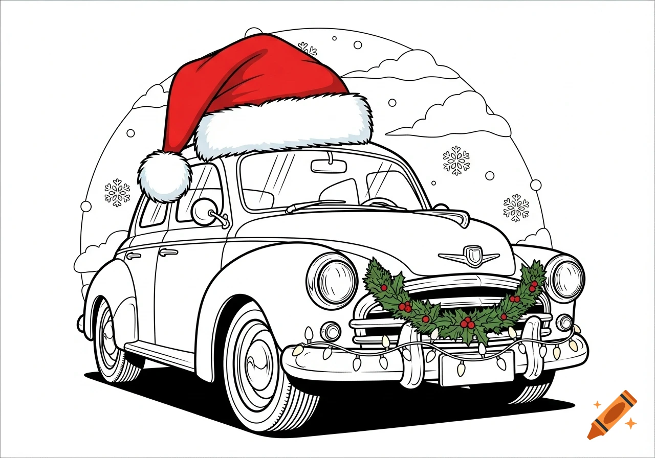 Vintage car with a Santa hat and Christmas decorations, rendered in a black and white coloring page style.