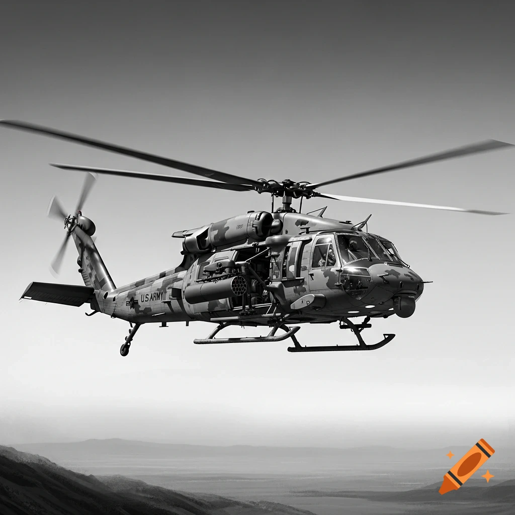 A black and white photorealistic image of a US Army helicopter in flight over a mountainous landscape.