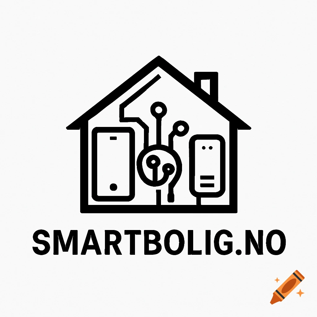 Black and white line art logo of a house with smart home devices inside and the text SMARTBOLIG.NO below.