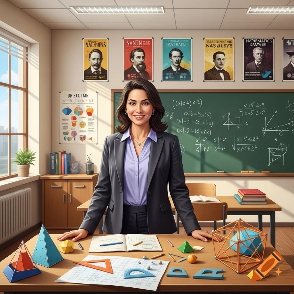 A smiling female math teacher in a blazer stands in front of a ...