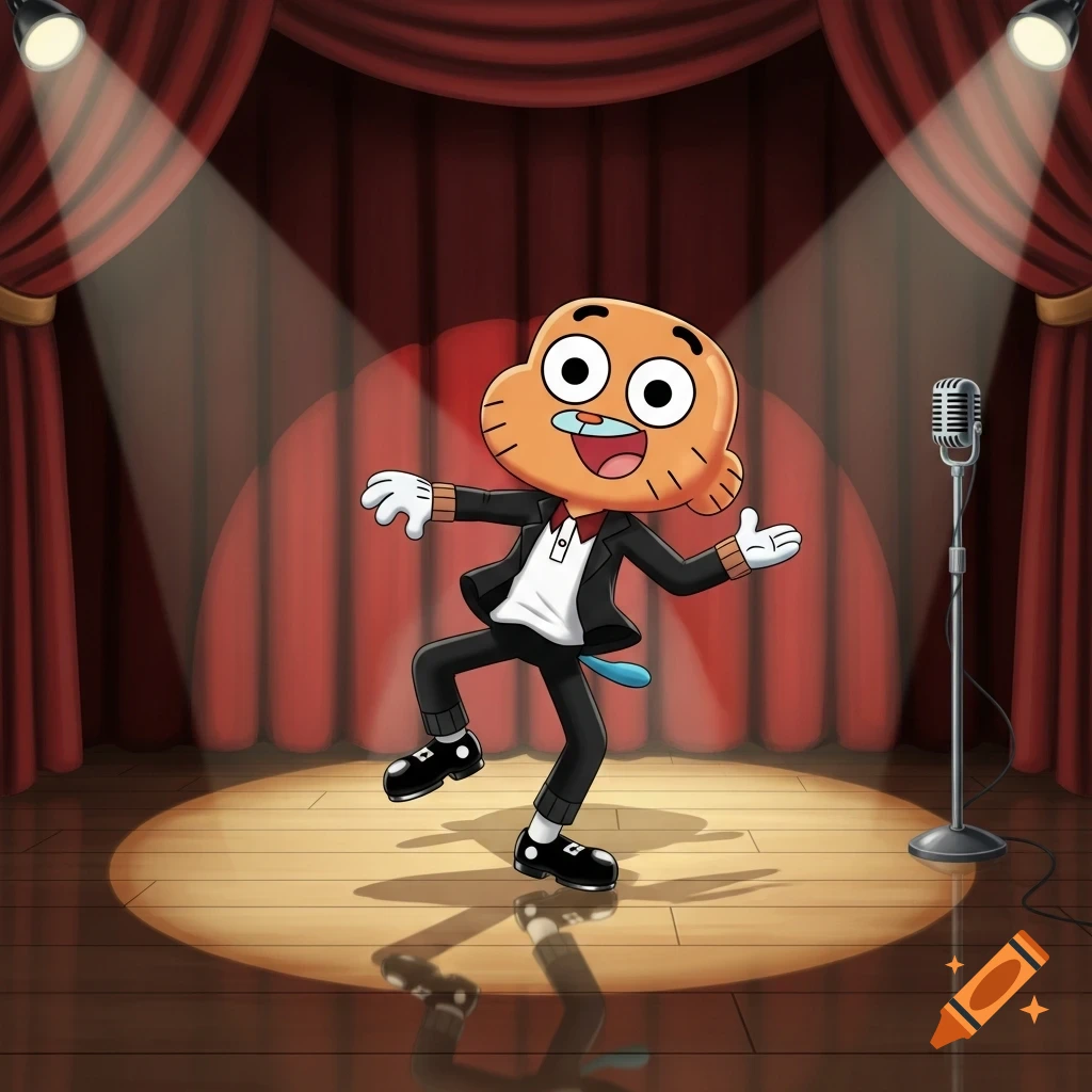 Cartoon character Gumball tap dancing on a spotlighted stage with red curtains and a microphone.