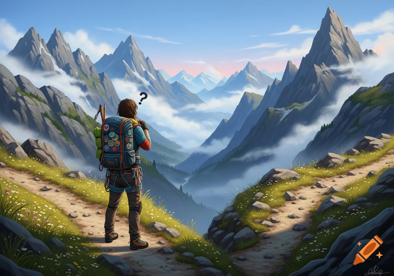 A hiker stands at a fork in a mountain path, looking puzzled with a question mark above their head, surrounded by majestic peaks and valleys.