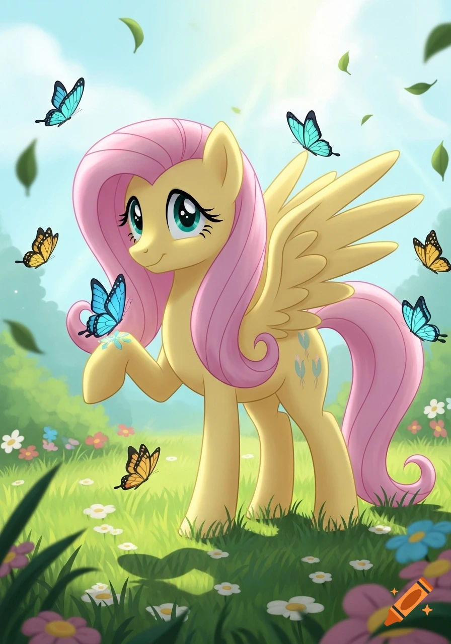 Fluttershy, a yellow pegasus pony with pink hair, in a field of flowers and butterflies, cartoon art.