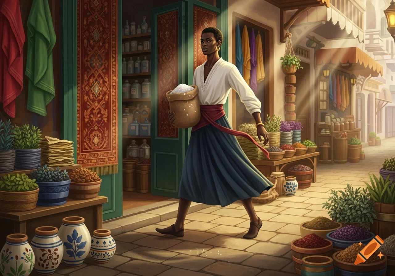 An illustration of a person carrying a sack of salt, walking out of a colorful marketplace with shops and spices.
