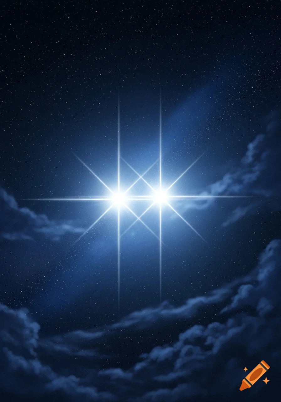 Night sky with countless small stars, dark clouds, and two intensely bright, star-like lights with prominent light rays.