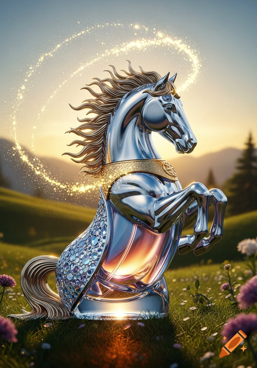 A shimmering silver and crystal perfume bottle shaped like a rearing horse, surrounded by sparkling light in a grassy field at sunset.