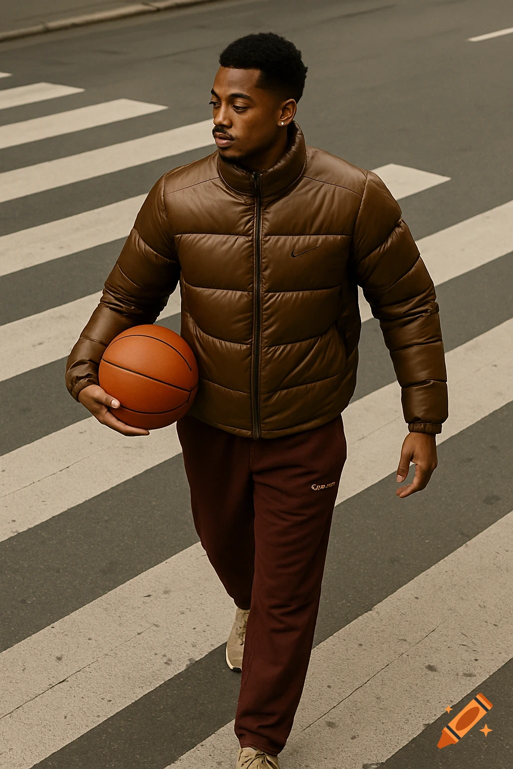 A fashionable young man in a brown puffer jacket and maroon track pants walks across a crosswalk, holding a basketball.