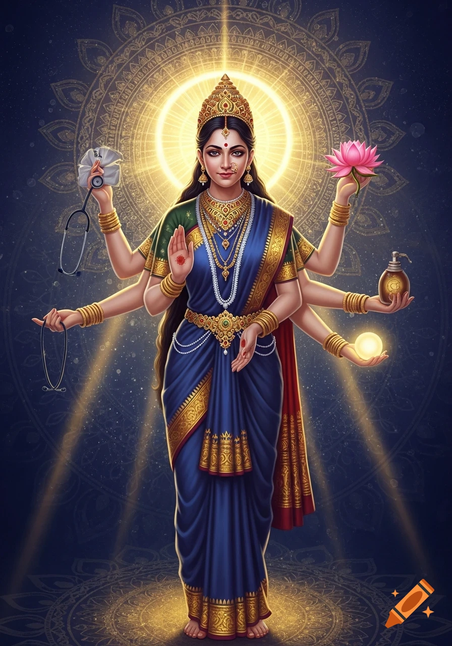 A multi-armed Indian goddess with dark hair and a gold crown, wearing a blue and gold sari, holding stethoscopes, a lotus, a glowing orb, and a lotion bottle against a cosmic mandala background with a golden halo.