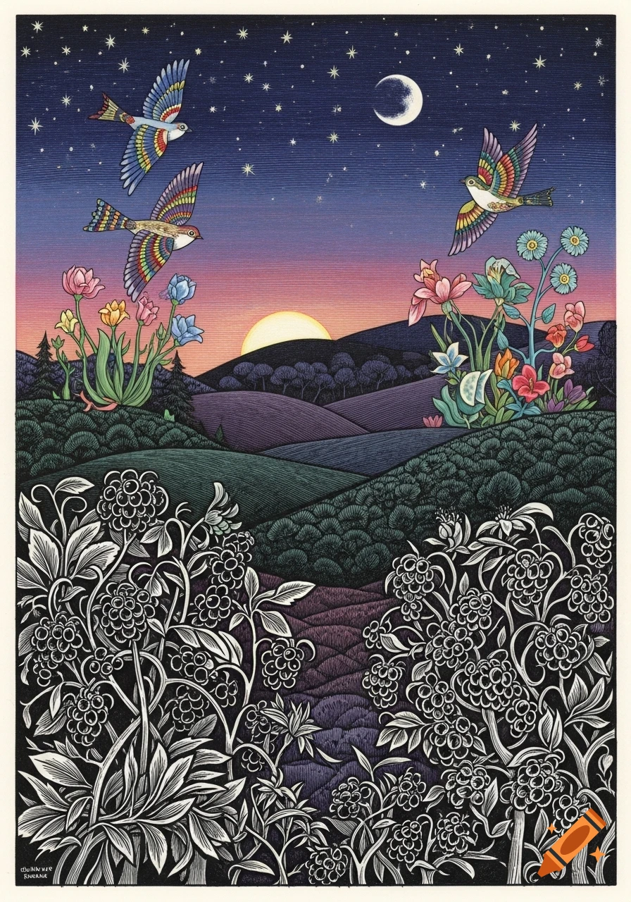 Stylized woodcut landscape with colorful birds flying over fields of flowers and berries during a sunset with a crescent moon and stars.