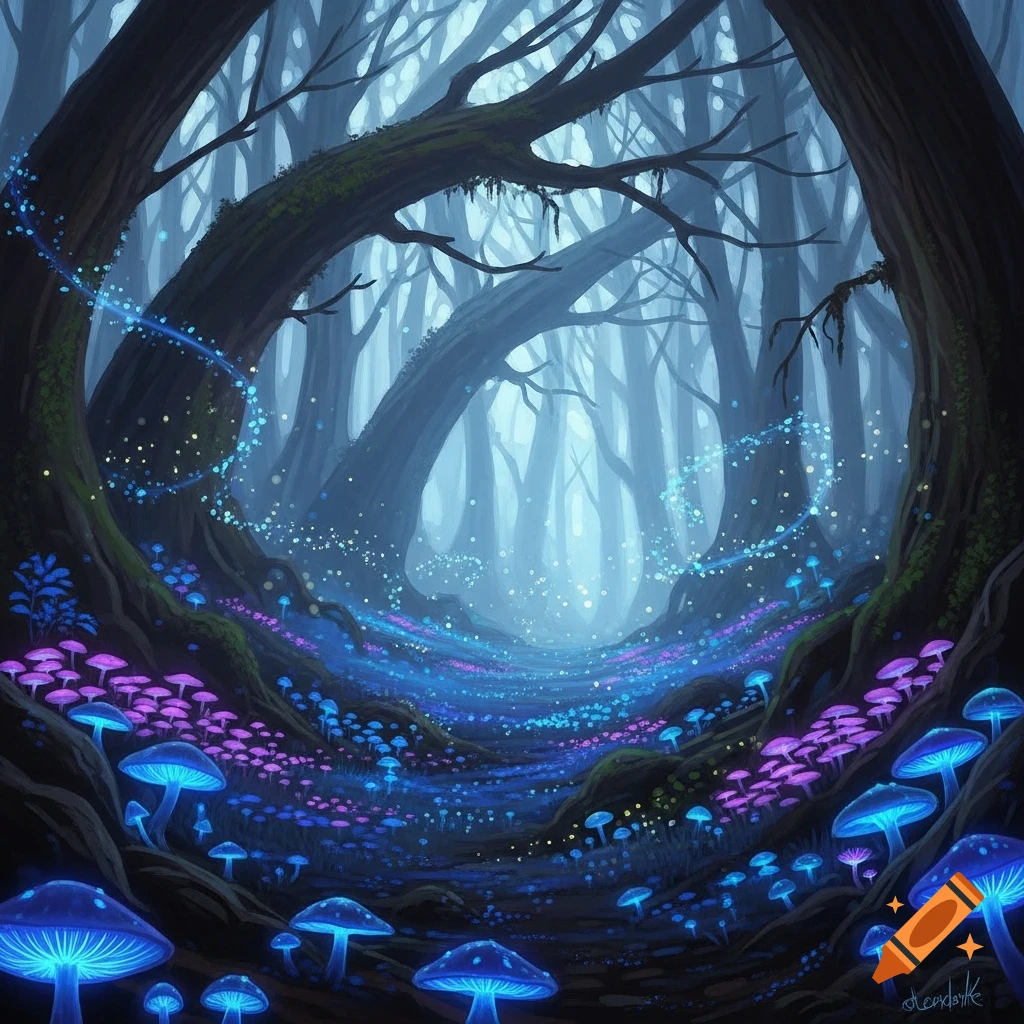 A vibrant fantasy digital painting of an enchanted forest path illuminated by glowing blue and purple mushrooms and sparkling light trails.