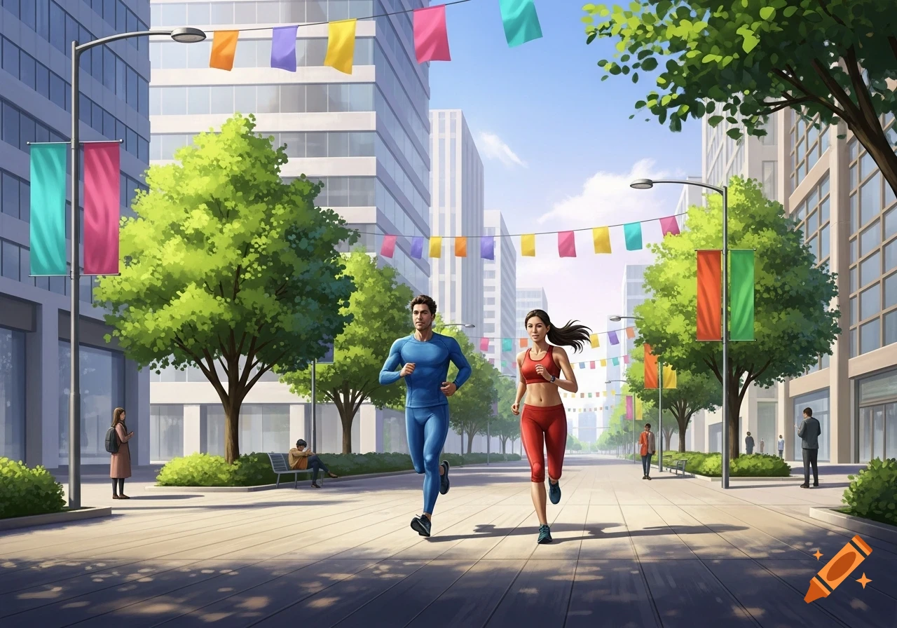 A digitally illustrated man and woman running down a city street lined with trees, buildings, and colorful banners.