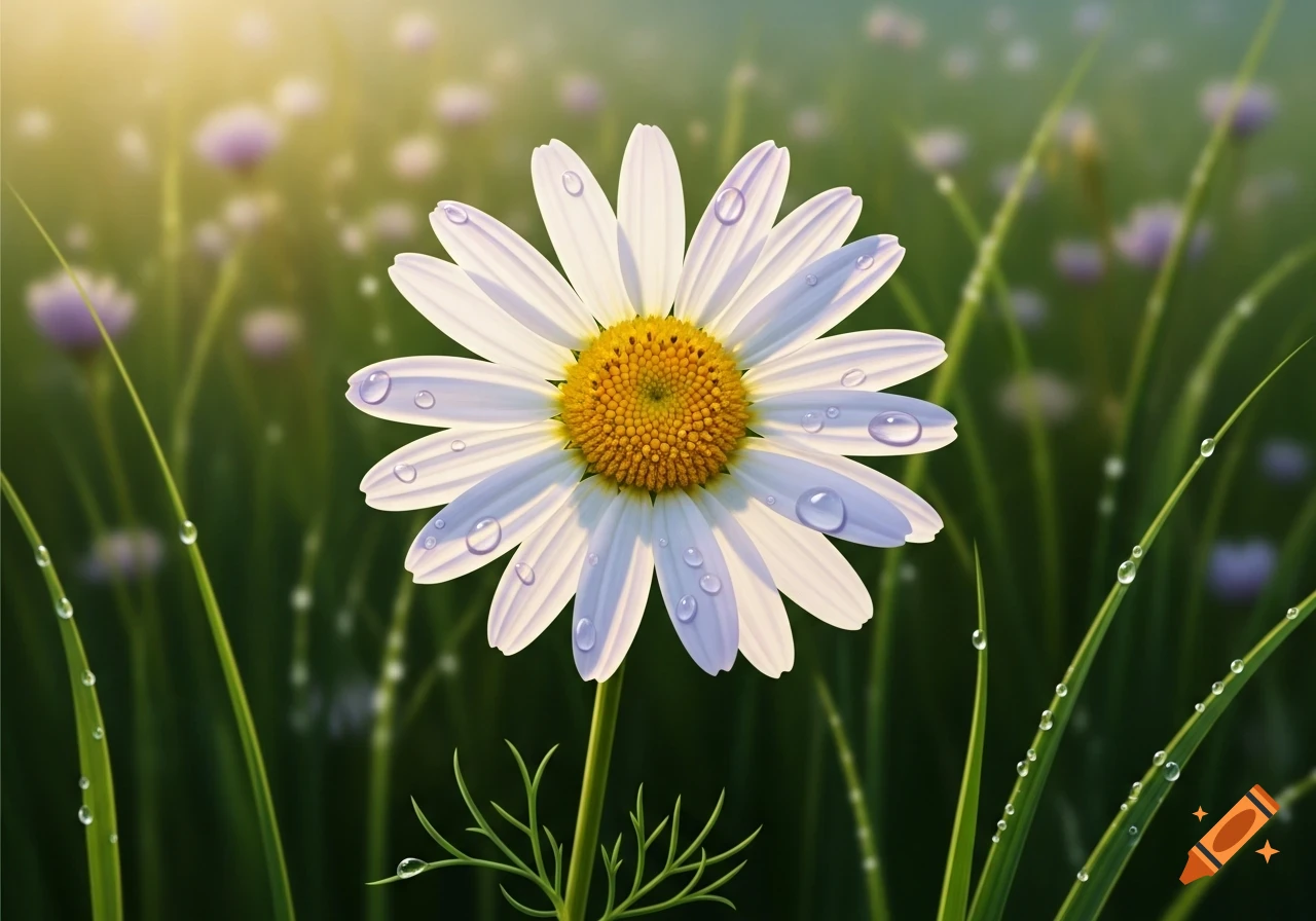 Close-up of a photorealistic white daisy with water droplets on its petals and stem, in a sunny, blurry green field.