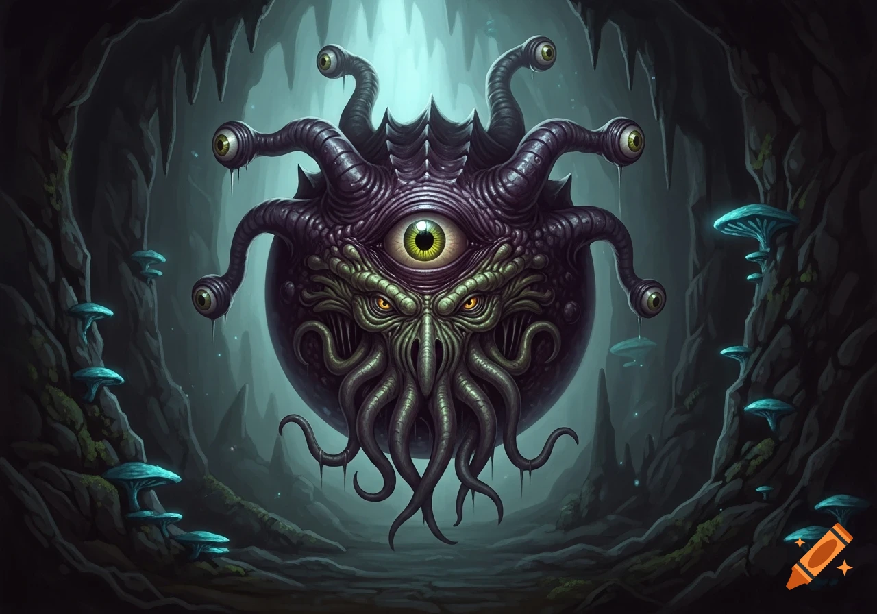 A menacing, purple beholder-mind flayer hybrid monster with a large central green eye, multiple tentacled eyestalks, and a tentacled mouth, in a dark, glowing cave with blue mushrooms.