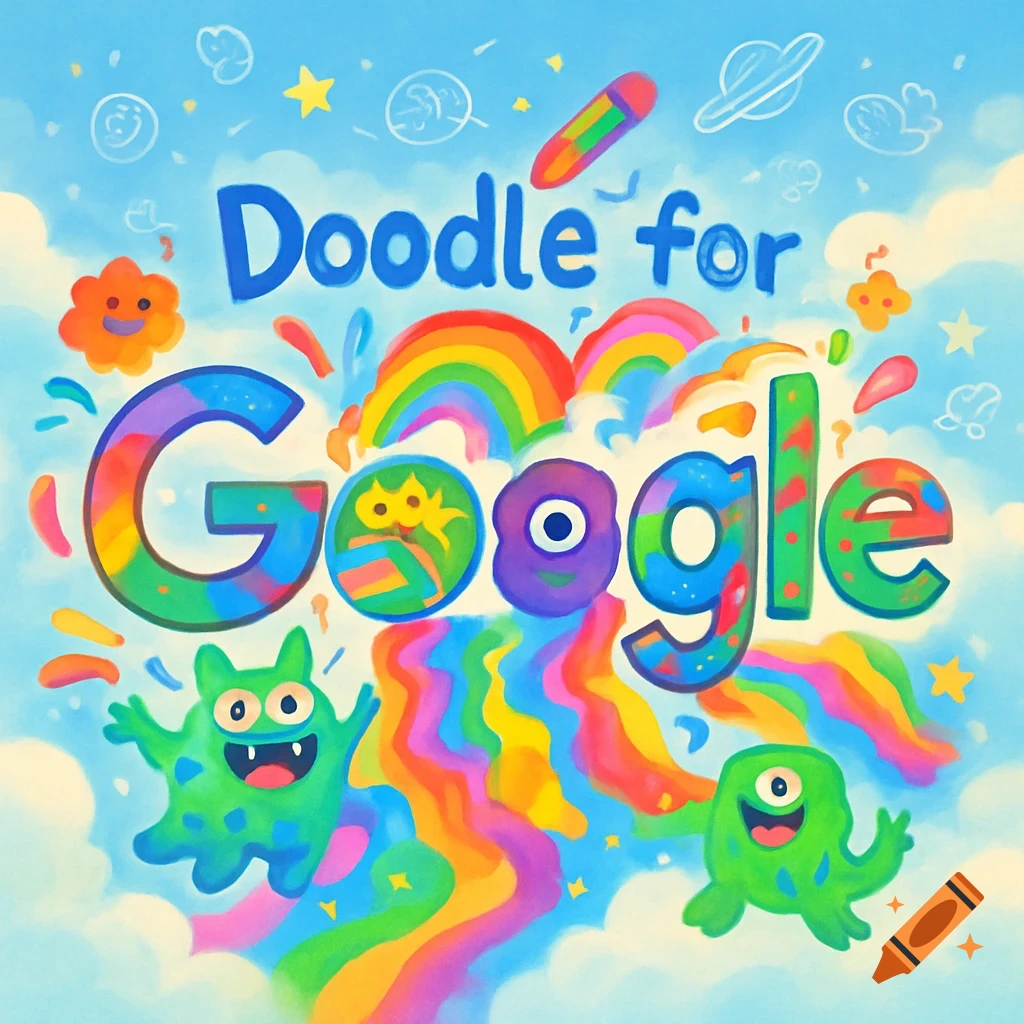 Colorful illustration with "Doodle for Google" text, rainbows, stars, clouds, and two happy green monsters.