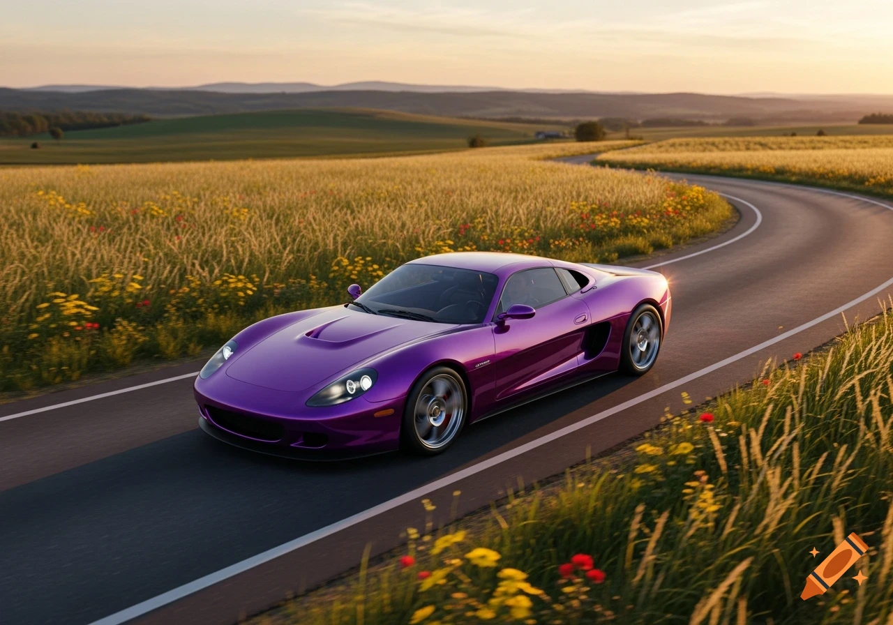 A metallic purple sports car drives on a winding asphalt road through golden fields under a sunset sky.