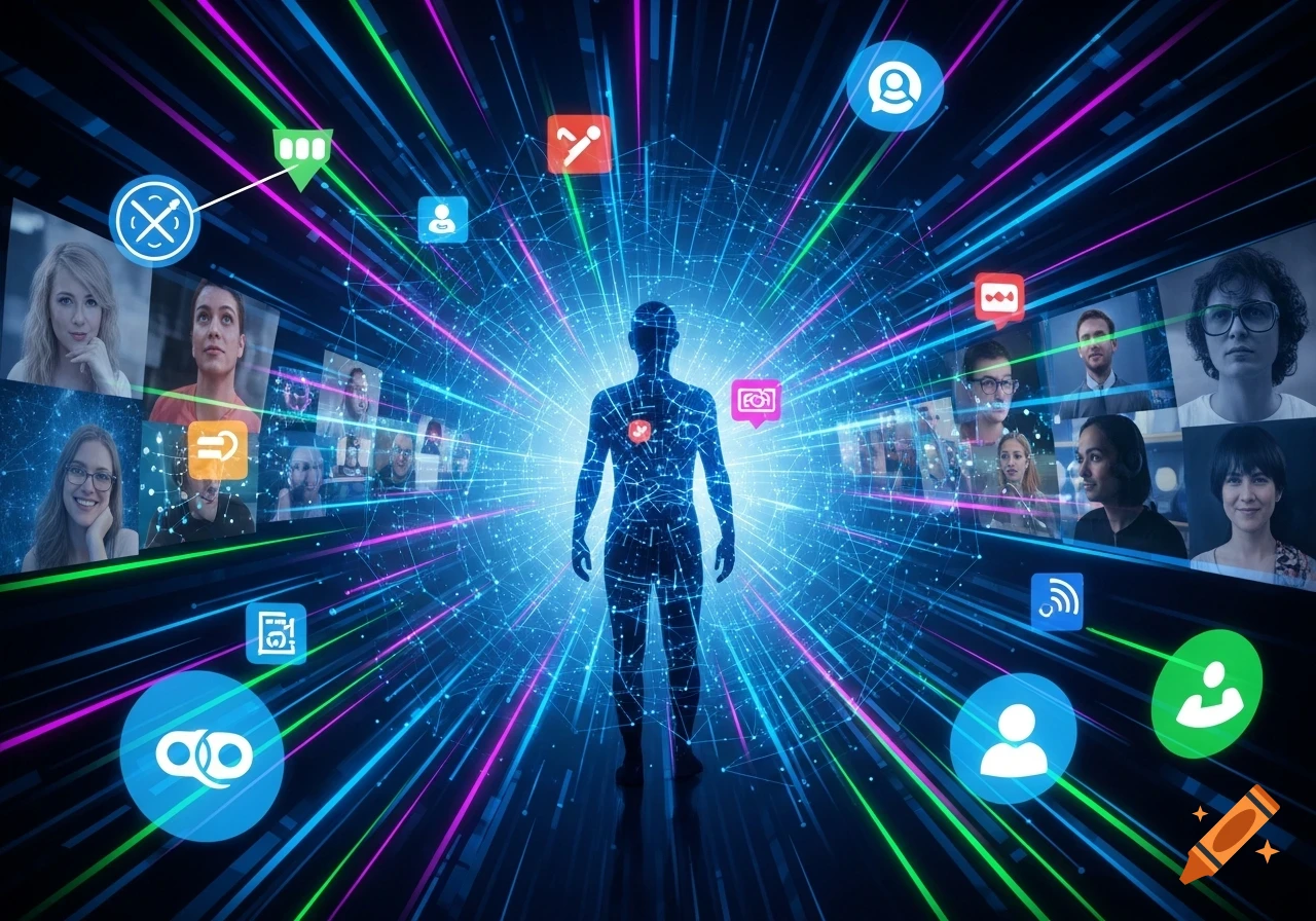 Digital art of a glowing human silhouette amidst abstract light trails, network lines, social media icons, and small portraits of diverse people.