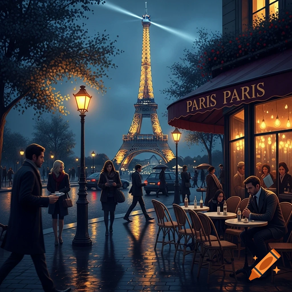 Photorealistic night scene of a bustling Paris street with the illuminated Eiffel Tower in the background and a cafe.