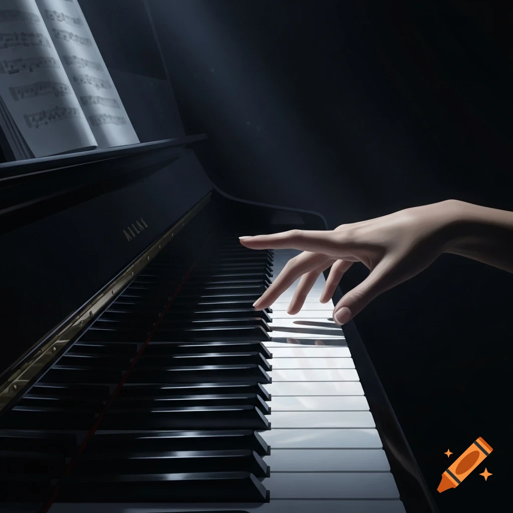 A hand delicately poised above piano keys in a dark, dramatic setting with sheet music.