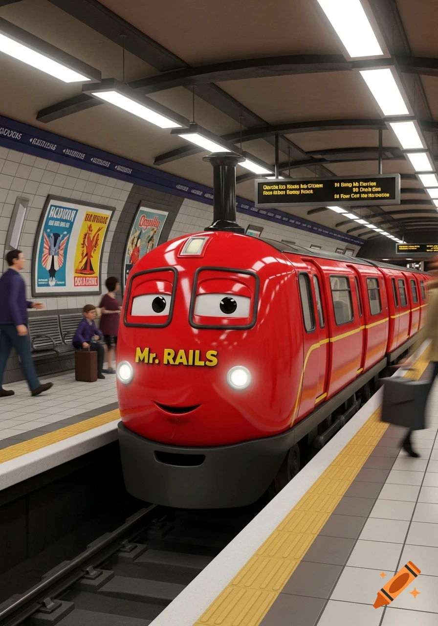 A cartoon-style red train named "Mr. Rails" with a smiling face is stopped at a subway station platform. People walk on the platform in the background, with posters on the walls.