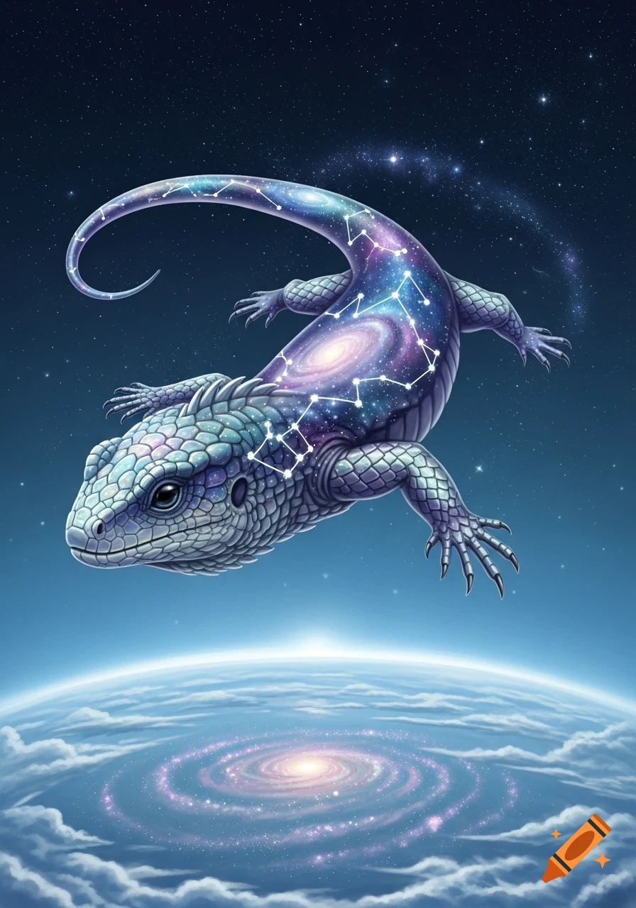 A majestic blue-scaled lizard, adorned with swirling galaxies and constellations, hovers above a planet with a luminous, spiraling galaxy amidst its clouds, set against a dark, star-filled cosmic background.