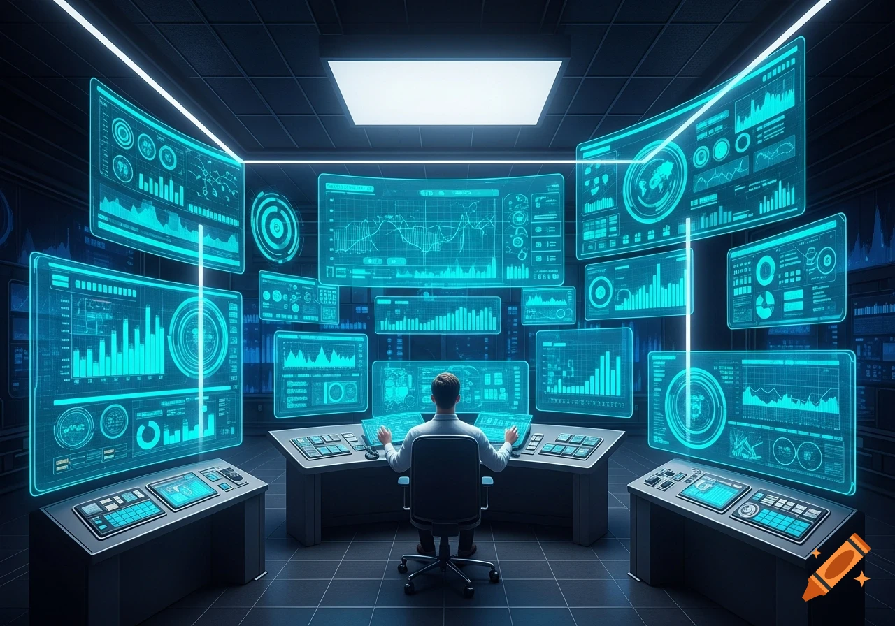 A person viewed from behind sits at a desk in a futuristic control room, surrounded by glowing blue holographic screens displaying data and graphs.