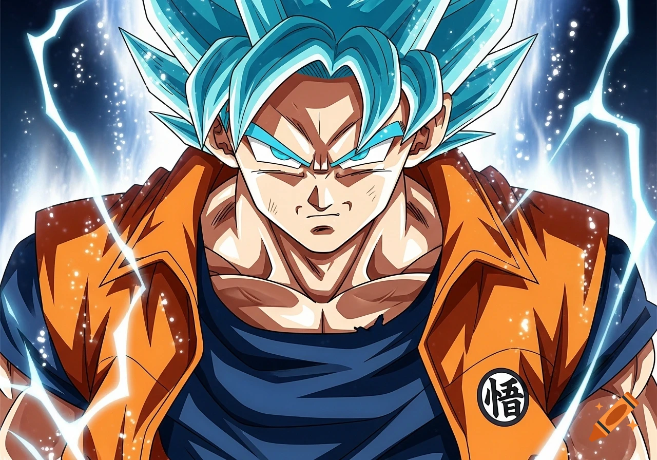 Son Goku with spiky blue hair and glowing blue eyes, wearing an orange jacket over a dark blue shirt, surrounded by a light blue aura and lightning. He has an angry expression and looks straight ahead.