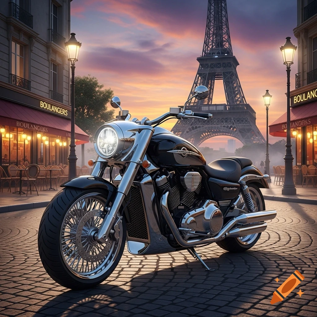 A sleek black motorcycle with chrome accents parked on a cobblestone street in Paris at sunset, with the Eiffel Tower in the background.