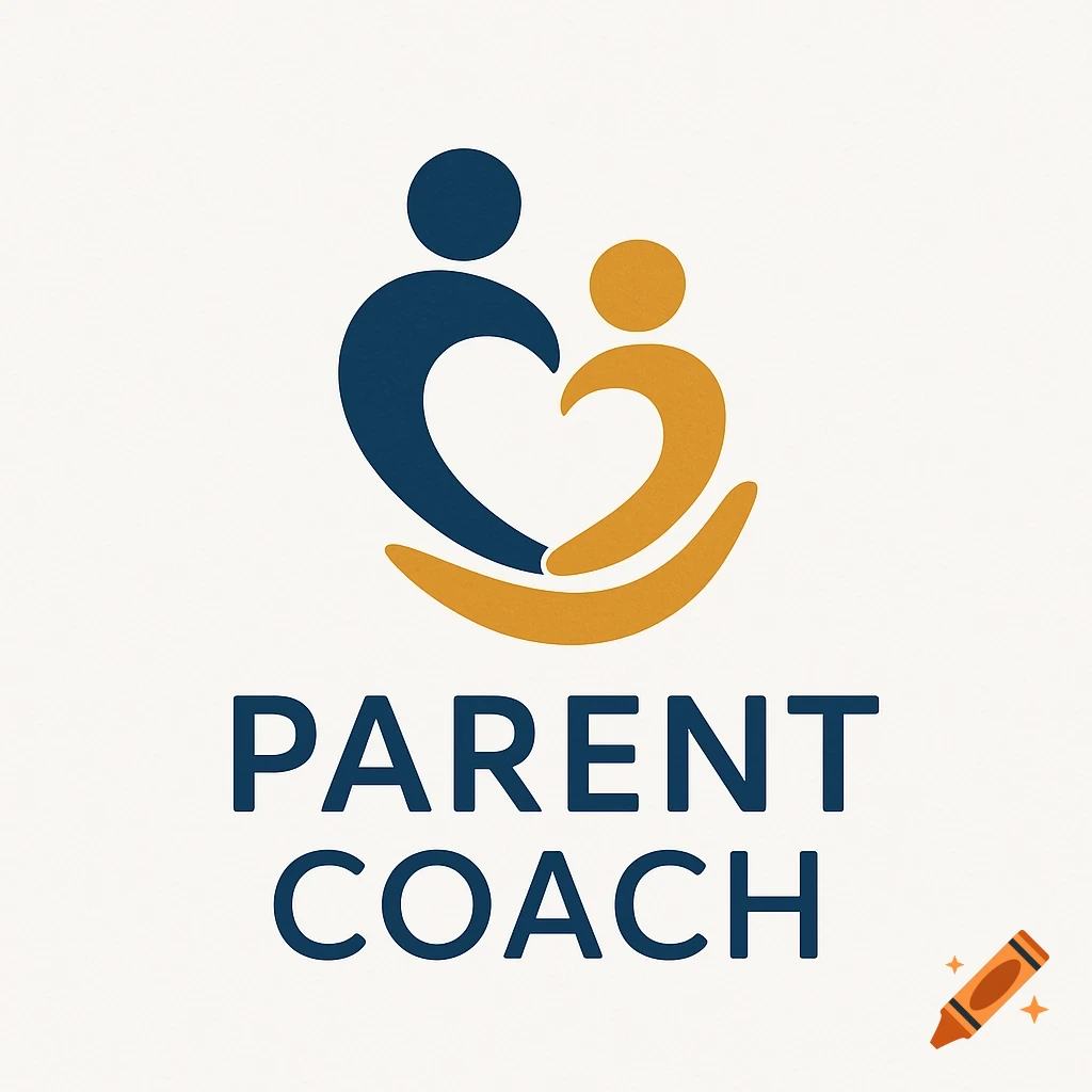 A minimalist logo with two abstract figures, one navy blue and one gold, forming a heart, with the words "PARENT COACH" below.