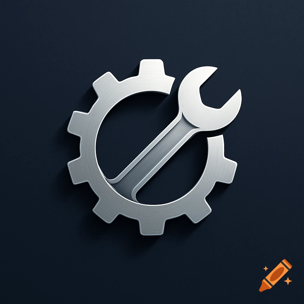 A glossy silver gear with a wrench diagonally across it, serving as a mechanics or settings icon on a dark blue background.