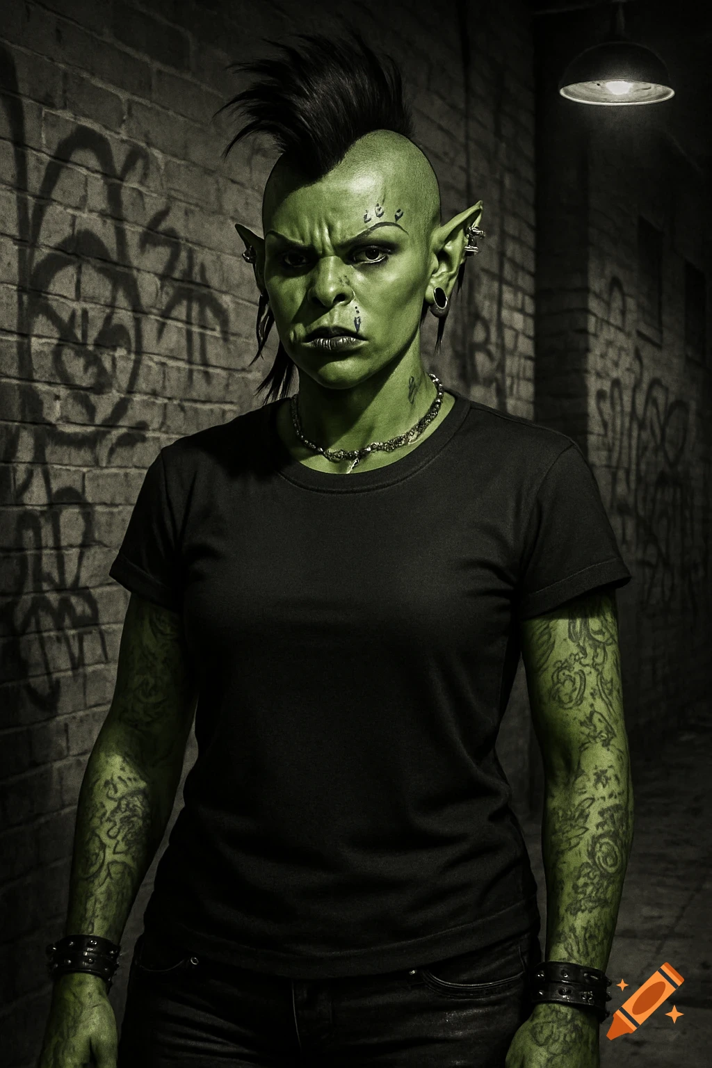 A female punk rock orc with green skin, a black mohawk, and facial piercings, wearing a blank black t-shirt, stands in front of a graffiti-covered brick wall in a dark alley.