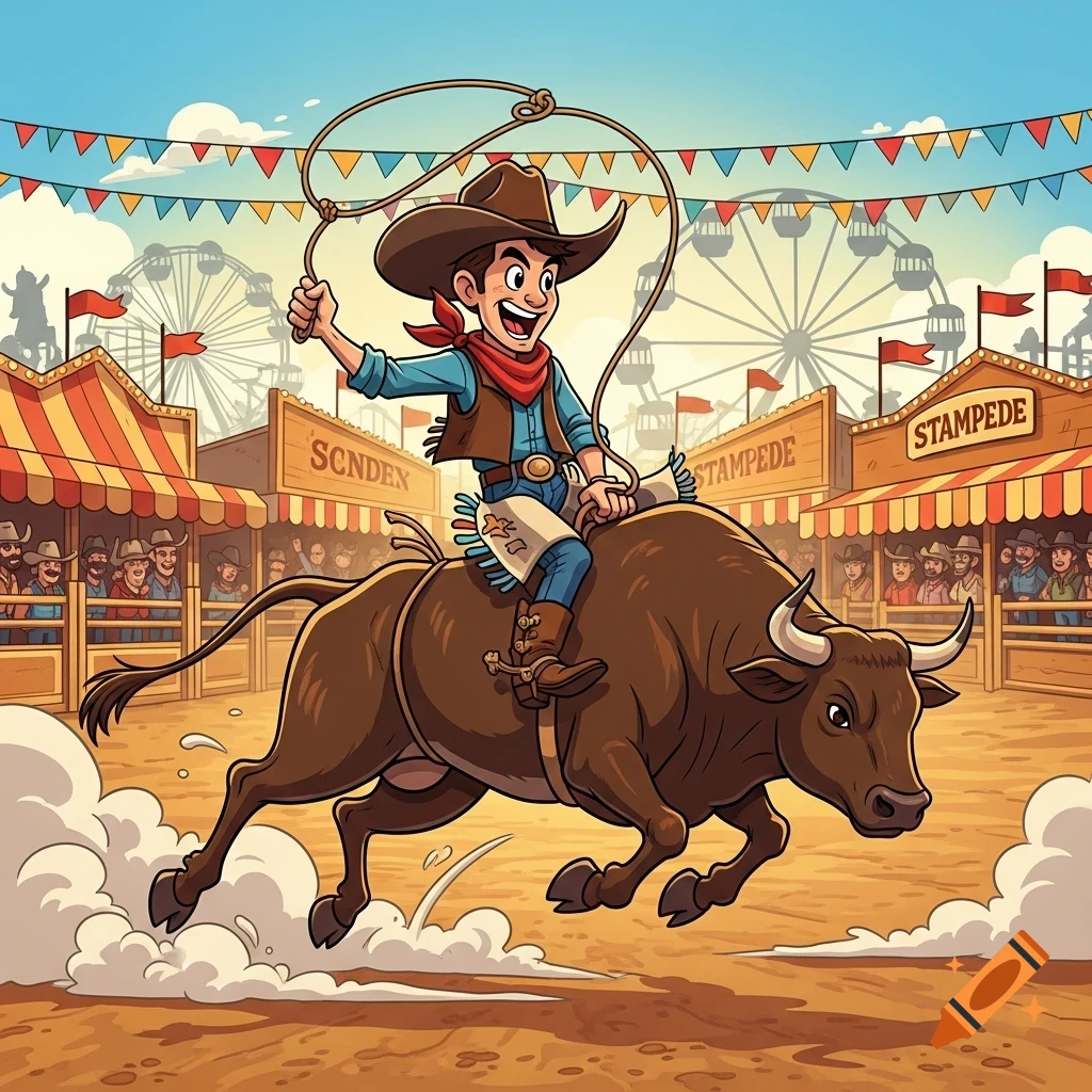 Cartoon cowboy on a bucking bull at a bustling fairground with Ferris wheels and stalls in the background.