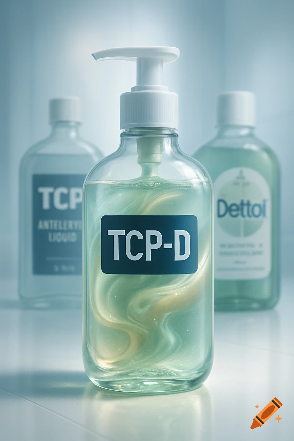 Three clear bottles of disinfectant liquid, with the central one labeled "TCP-D" containing a swirling, pearlescent green and gold substance. The background bottles are labeled "TCP" and "Dettol".