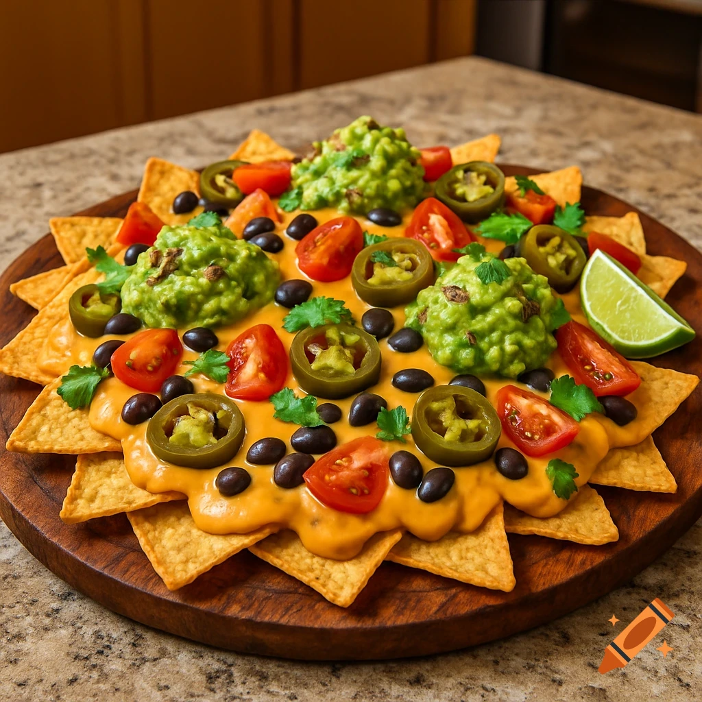 Photorealistic image of loaded nachos supreme with cashew queso, guacamole, black beans, tomatoes, jalape mix on a wooden platter.