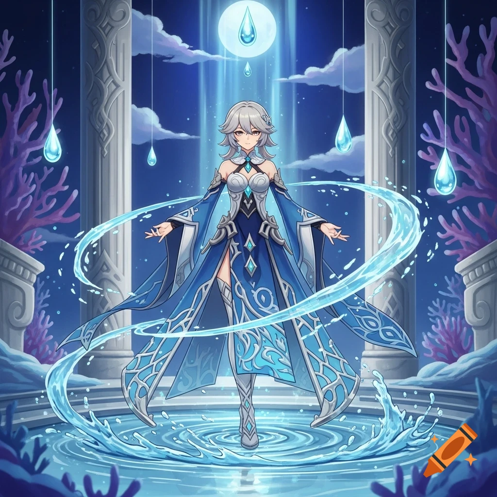 Anime character with grey hair in a blue flowing dress manipulating water in a magical temple setting under a luminous moon.