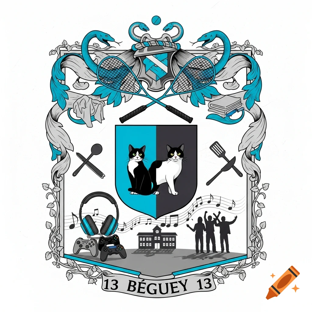 A detailed coat of arms illustration in turquoise, black, and grey, featuring two cats, squash rackets, cooking utensils, headphones, game controllers, musical notes, a building, and human silhouettes, with '13 BÉGUEY 13' at the bottom.