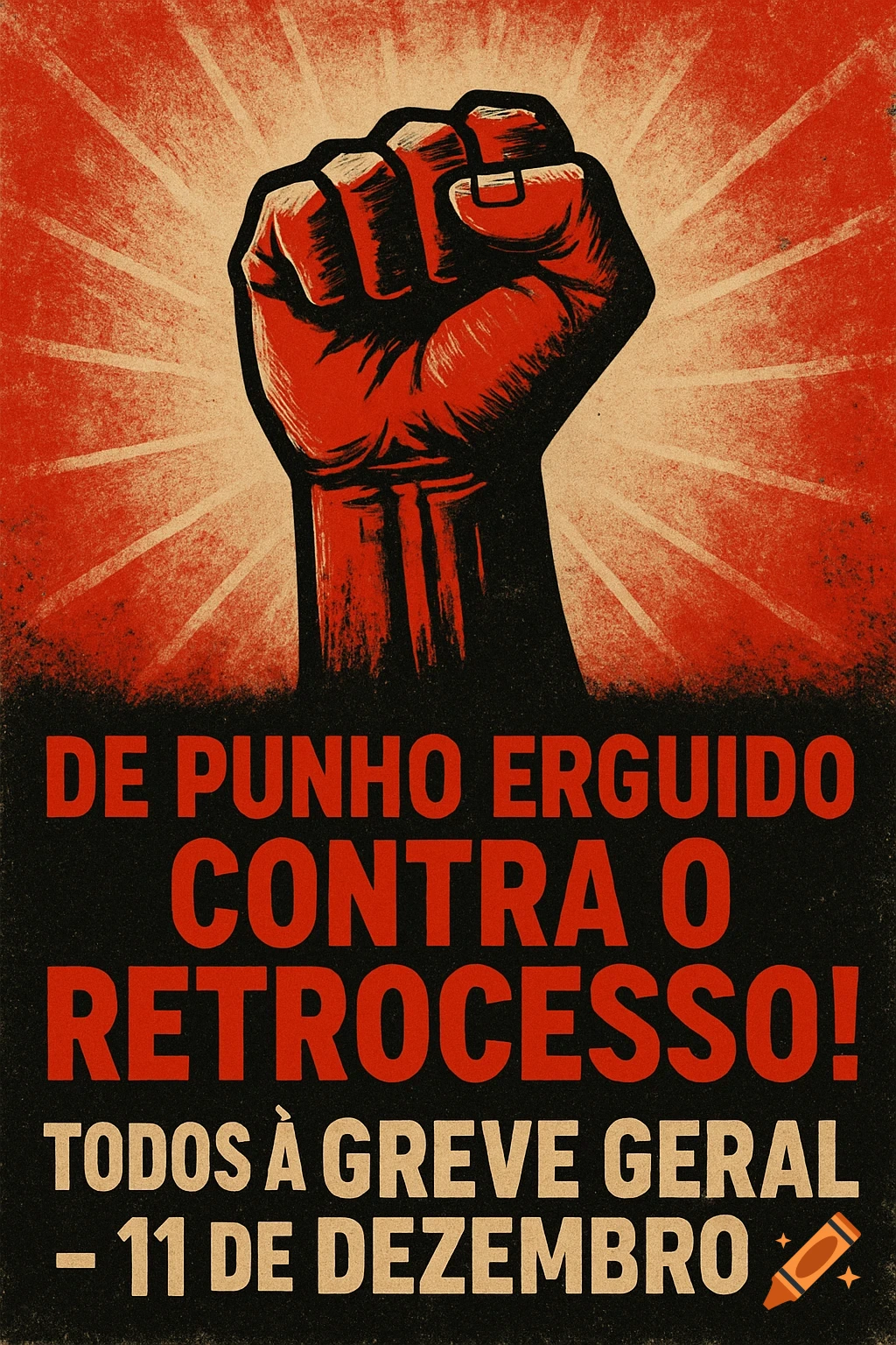 A vintage-style propaganda poster features a red raised fist against a radiant sunburst background, with Portuguese text about a general strike on December 11.
