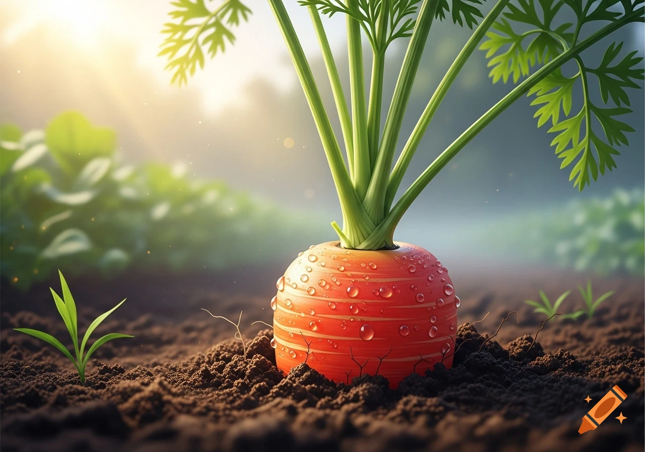 A plump, dew-covered carrot with vibrant green leaves growing in rich soil under a sunny, hazy sky.