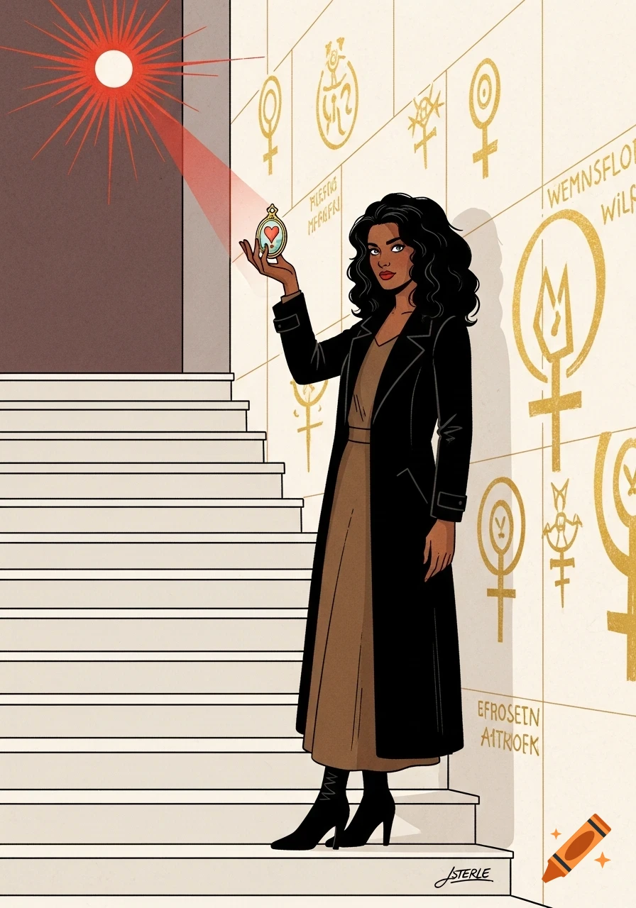 A confident woman in a black coat stands on white stairs, holding an amulet under a red sunbeam, in a comic book style illustration.