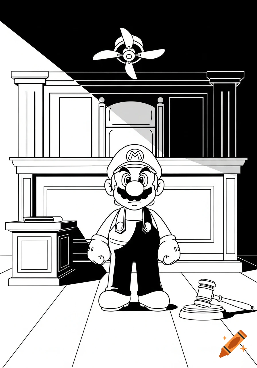 Cartoon Mario stands in a black and white courtroom with a gavel on the floor, in a simple drawing style.