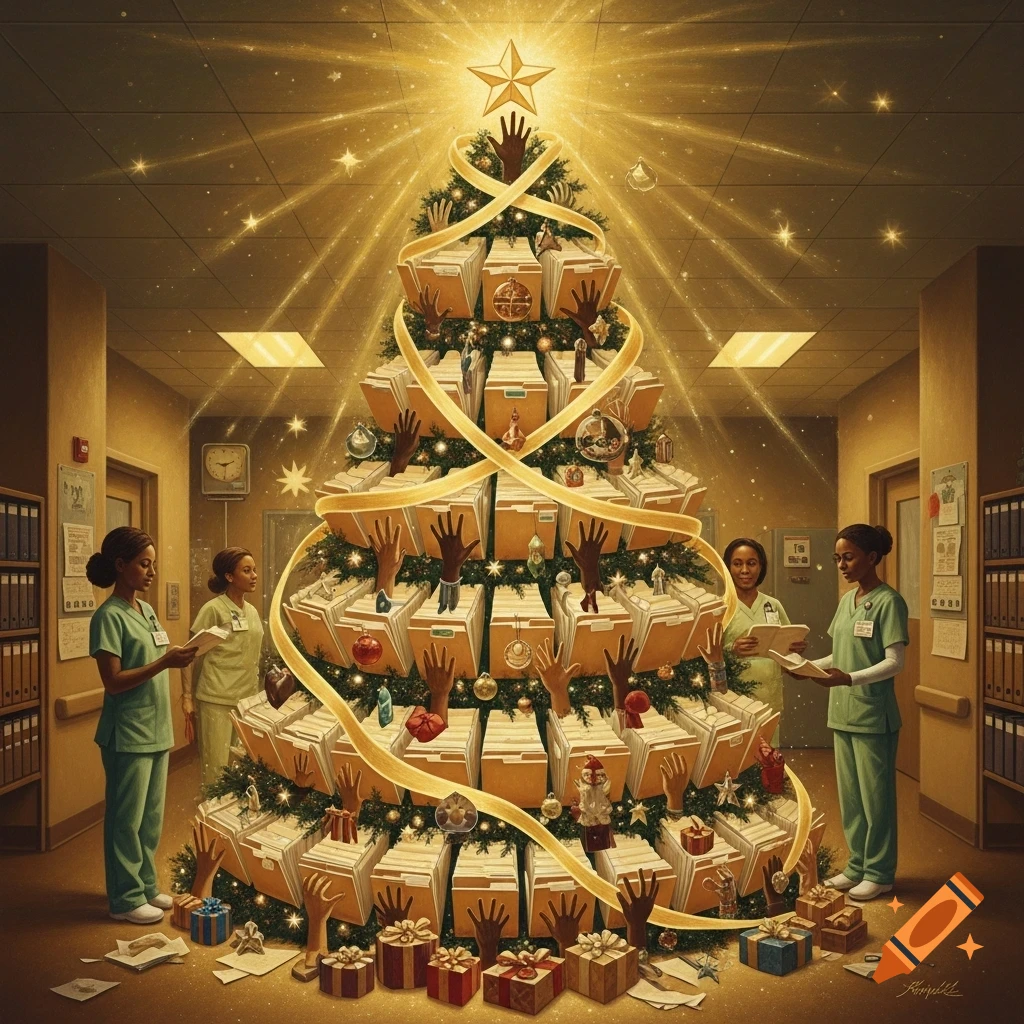 A glowing Christmas tree made of file folders and hands, with golden ribbons, in a hospital records department. Two nurses stand nearby among gifts.