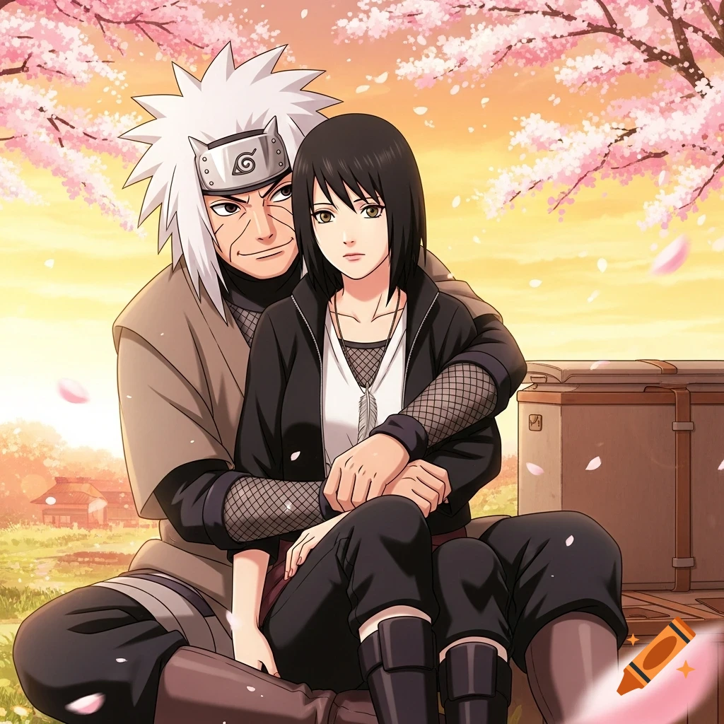 Anime illustration of Jiraiya hugging a black-haired woman wearing a leaf village headband under cherry blossoms.