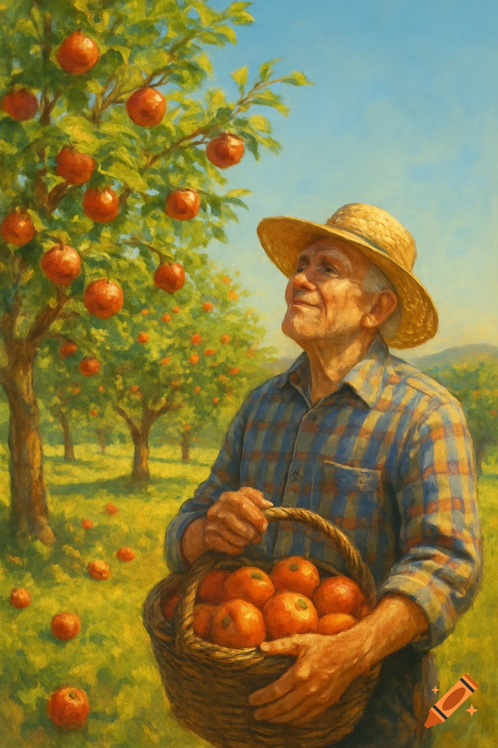 An old farmer in a straw hat holds a full basket of red apples under a sunny apple tree in a lush orchard, painted in an impressionistic style.