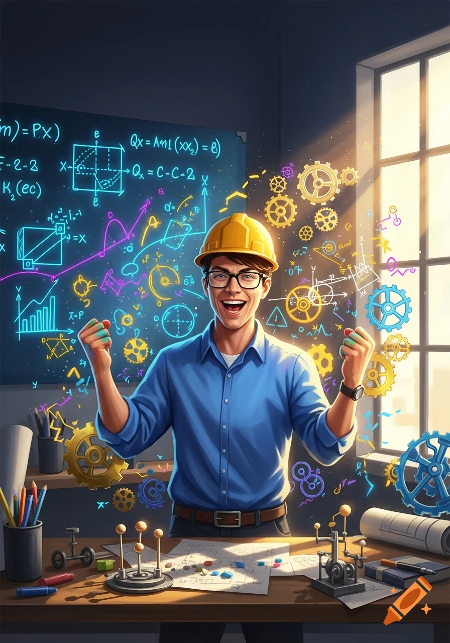 A happy male engineer in a hard hat and glasses stands triumphantly in a bright office, surrounded by glowing math equations, gears, and tools.