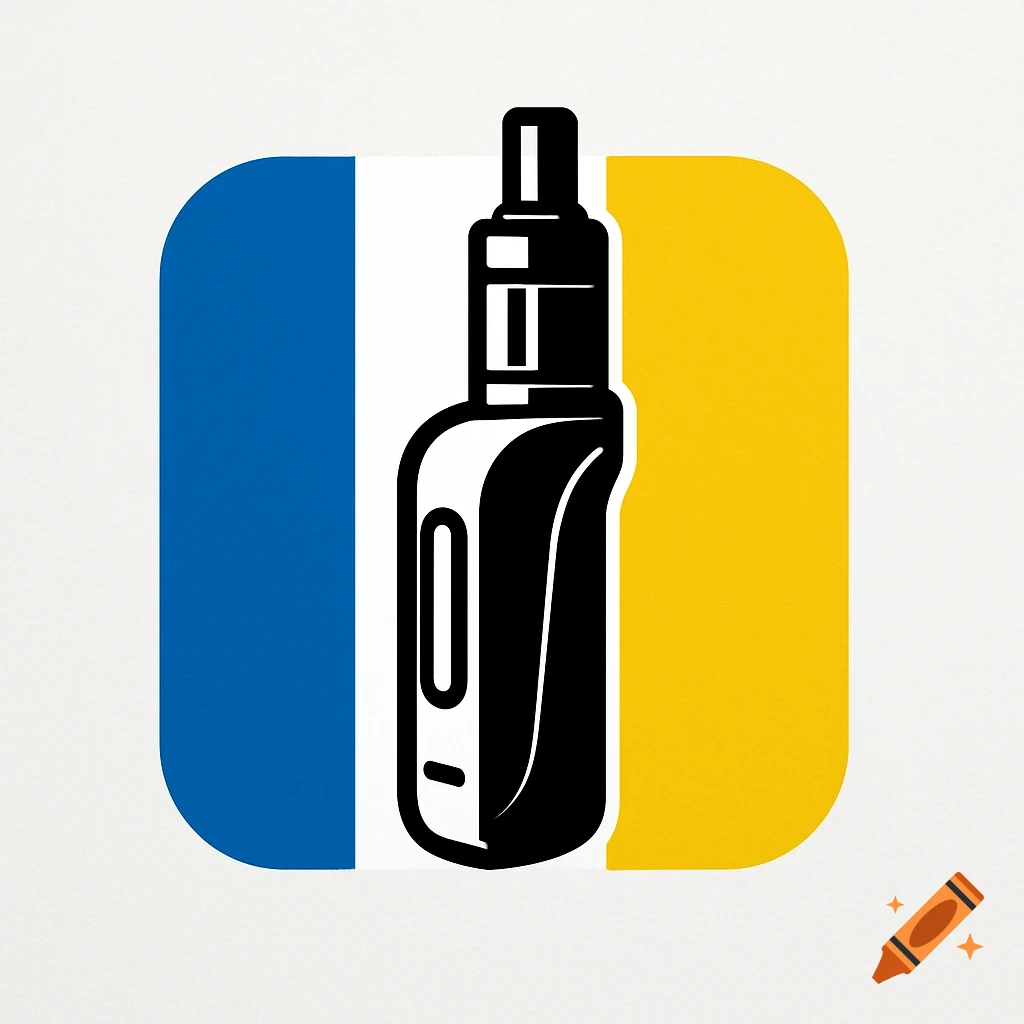 A stylized black and white vape device centered against a rounded background of blue, white, and yellow vertical stripes.