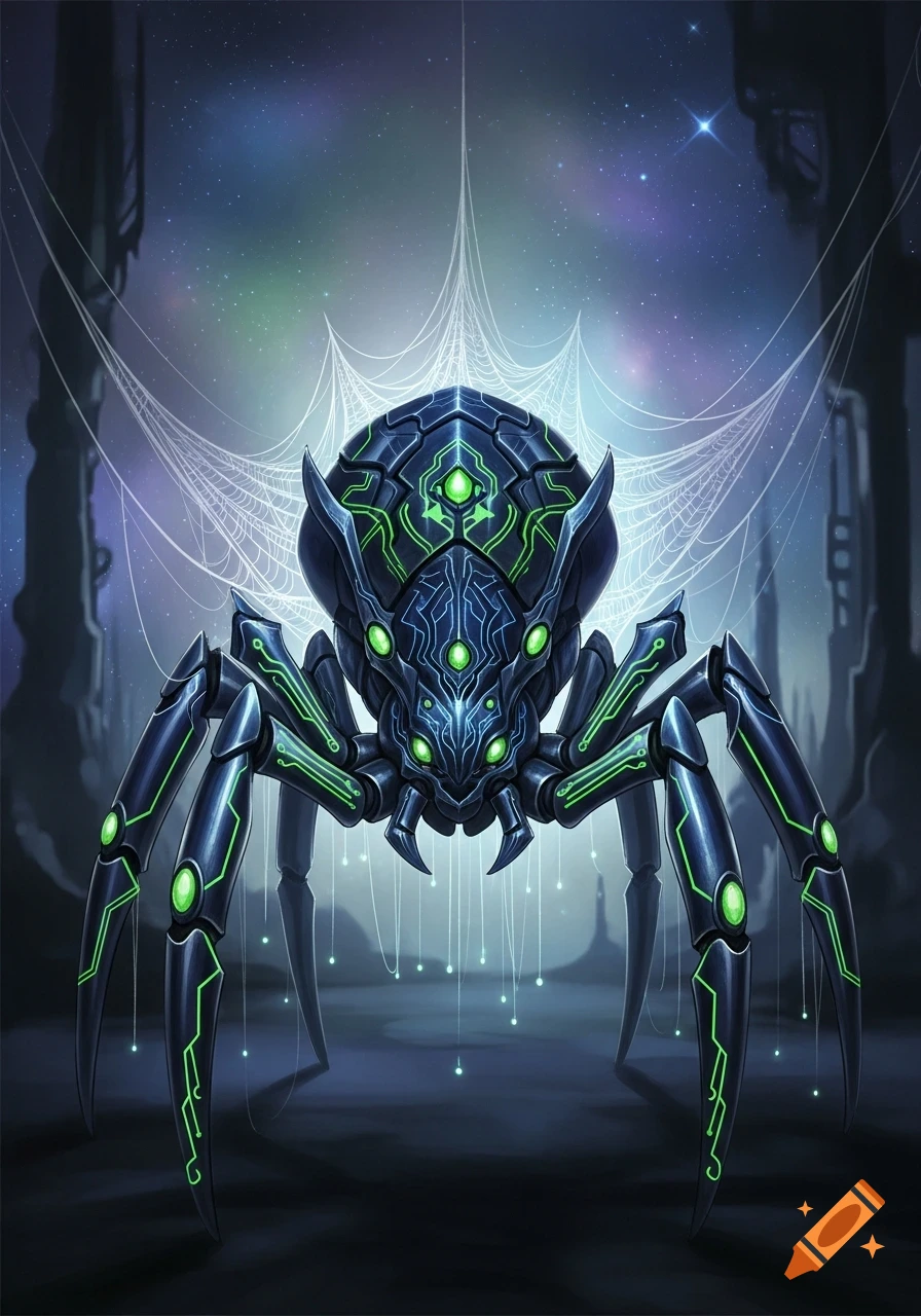 A dark, futuristic mechanical spider with glowing green circuitry and multiple eyes, against a cosmic starry background with faint webs.