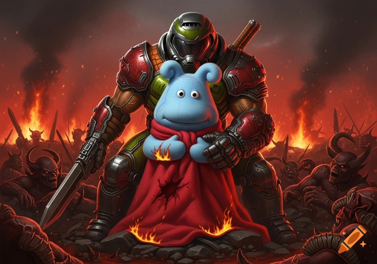 Iggle Piggle, dressed as Doom Guy, standing in a hellish landscape with demons, clutching his red blanket amidst fire.